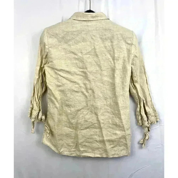 Liz Claiborne Beige 3/4 Sleeve Blouse MEDIUM 100% Linen Crochet - Picture 2 of 11